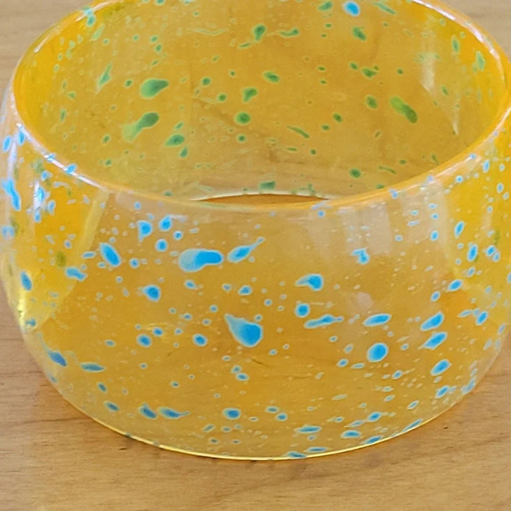 Chunky Amber Resin Bangle Bracelet Blue Splatter Wide Lucite Style 2.5 Inch